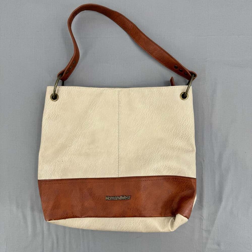 Montana West Color Block Beige and Brown Vegan Leather Shoulder Hobo Handbag